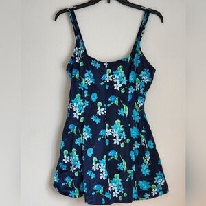 Le Cove Navy Floral Women's One Piece Pull-on Swim Dress Sz 16